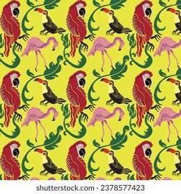 Seamless pattern with Birds. Birds on a yellow background. Great for Halloween and more.