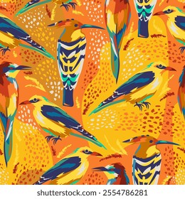 Seamless pattern with birds on yellow-orange background. Colorful vibrant European bee-eater, hoopoe bird, golden oriole. Vector illustrations