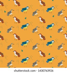 Seamless pattern with birds of orange color in doodle style.