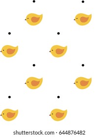 Seamless pattern. Birds of orange color on a white background in black polka dots.