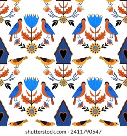 Patrón sin foco con pájaros, ornamento, folk, huella primaveral, patrón con flores y pájaros, vector, impresión de verano brillante.