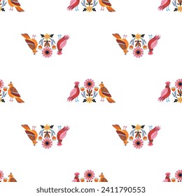 Patrón sin foco con pájaros, ornamento, folk, huella primaveral, patrón con flores y pájaros, vector, impresión de verano brillante.