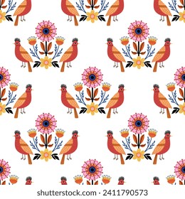 Seamless pattern with birds, ornament, folk, spring print, pattern with flowers and birds, vector, Bright summer print.