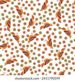 Seamless pattern with birds, ornament, folk, spring print, pattern with flowers and birds, vector, Bright summer print.