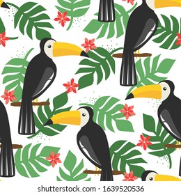 Seamless pattern, birds, palm leaves, flowers, hand drawn overlapping backdrop. Colorful background vector. Cute illustration, toucans. Decorative wallpaper, good for printing