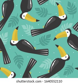 Seamless pattern, birds, palm leaves, hand drawn overlapping backdrop. Colorful background vector. Cute illustration, toucans. Decorative wallpaper, good for printing