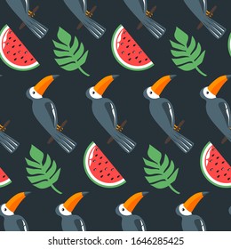 Color sin fisuras con los tucanes, las hojas de palma, las frutas