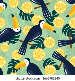 Seamless pattern, birds, palm leaves, fruits, hand drawn overlapping backdrop. Colorful background vector. Cute illustration, toucans. Decorative wallpaper, good for printing