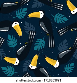 Seamless pattern, birds, palm leaves, hand drawn overlapping backdrop. Colorful background vector. Cute illustration, toucans. Decorative wallpaper, good for printing