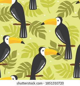 Seamless pattern, birds, palm leaves, hand drawn overlapping backdrop. Colorful background vector. Cute illustration, toucans. Decorative wallpaper, good for printing