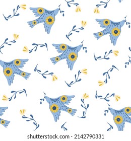 Seamless pattern birds peace ukraine doves folk flowers