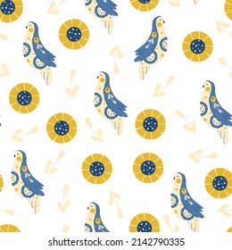 Seamless pattern birds peace ukraine doves folk flowers