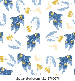 Seamless pattern birds peace ukraine doves folk flowers