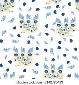 Seamless pattern birds peace ukraine doves folk flowers