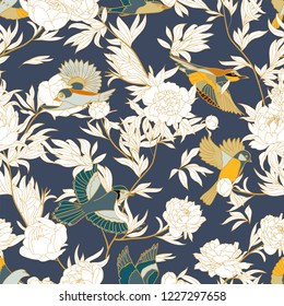 Seamless pattern with birds and peony on a dark background
