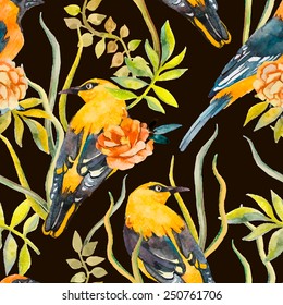 Seamless pattern of birds and plants. Bird pattern. Vector. Leaves.