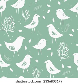 Seamless pattern with birds and plants. Light green wallpaper. Monochrome nature backgroung. 

