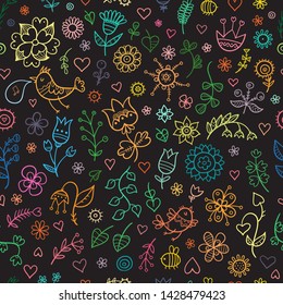 Seamless pattern with birds and plants on a dark background. Vector contour color image.