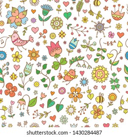 Seamless pattern with birds and plants on a white background. Vector contour color image.