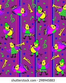 Seamless pattern of birds playing different instruments, vector cartoon image