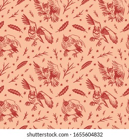 Seamless pattern. Birds of prey in the forest. Owls among the branches, feathers and stars. Great for Halloween and more.