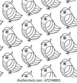 Seamless pattern with birds. Birds in profile drawn by hand. Black contours on white background.