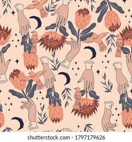 Seamless pattern with birds, protea flowers and hands. Vector graphics.