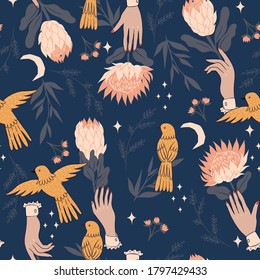 Patrón sin foco con aves, flores de protea y manos. Gráficos vectoriales.
