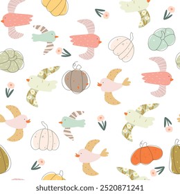 Seamless pattern with birds, pumpkins, and flowers fall pattern.