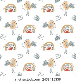 Seamless pattern with birds and rainbow. Cute simple background with childish doodle elements. 