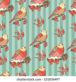 Seamless pattern with birds and red berries. Vector illustration. Vintage background 