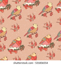 Seamless pattern with birds and red berries. Vector illustration. Vintage background 