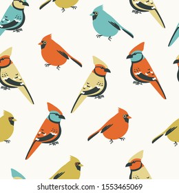 Seamless pattern with birds, red cardinal and jay bird. Minimalistic Scandinavian design, vector illustration.