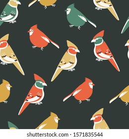 Seamless pattern with birds, red cardinal and jay. Minimalistic Scandinavian design, vector illustration.