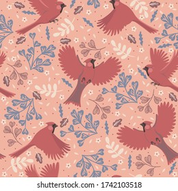 Seamless pattern with birds red cardinals. Vector graphics.