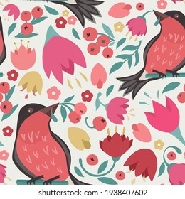 Patrón sin foco. Aves y flores rojas, ilustración vectorial de dibujos animados