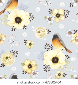 Seamless pattern with birds Redstart, butterflies, flowers anemones, ranunculus and small flowers in vintage watercolor style. Vector floral illustration.