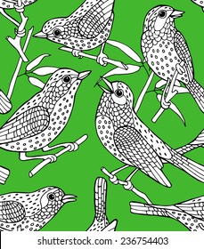 Seamless Pattern Birds Retro Black & White Green 