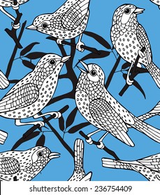 Seamless Pattern Birds Retro Black & White Blue 