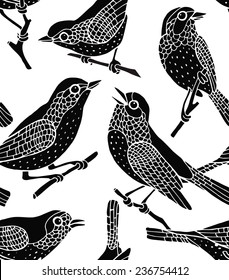 Seamless Pattern Birds Retro Black & White