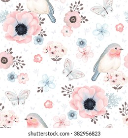 Seamless pattern with birds Robin, butterflies, anemones and small flowers in vintage watercolor style, vector illustration.