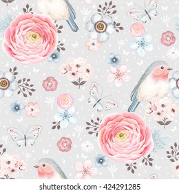 Seamless pattern with birds Robin, butterflies, pink ranunculus and small flowers in vintage watercolor style, vector illustration on gray background.