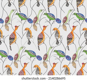 Seamless pattern with birds romantic elements, hand drawn polish folk  art  for your design. Endless texture, sketch humming-birds, watercolor isolated on ivory  background. Vector illustration.