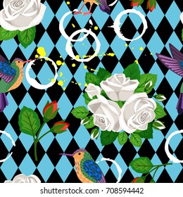 Seamless pattern with birds and roses on geometric background