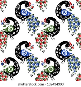 Seamless pattern with birds in the Russian traditional style (Gorodets).