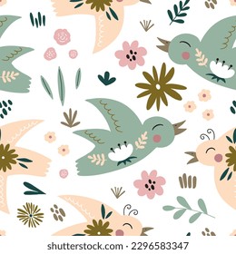 Seamless pattern with birds in scandinavian style surrounded by plants and flowers. Vector illustration for your design