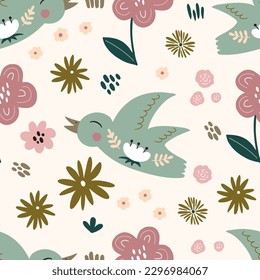 Seamless pattern with birds in scandinavian style surrounded by plants and flowers. Vector illustration for your design