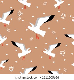 Seamless pattern: birds, seagulls, doodles and hearts on a beige background. can be used for fabric. vector. illustration