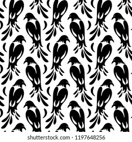 Seamless pattern of birds similar to magpie. Stylized silhouettes, black on white