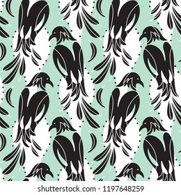 Seamless pattern of birds similar to magpie. Stylized silhouettes, black on white